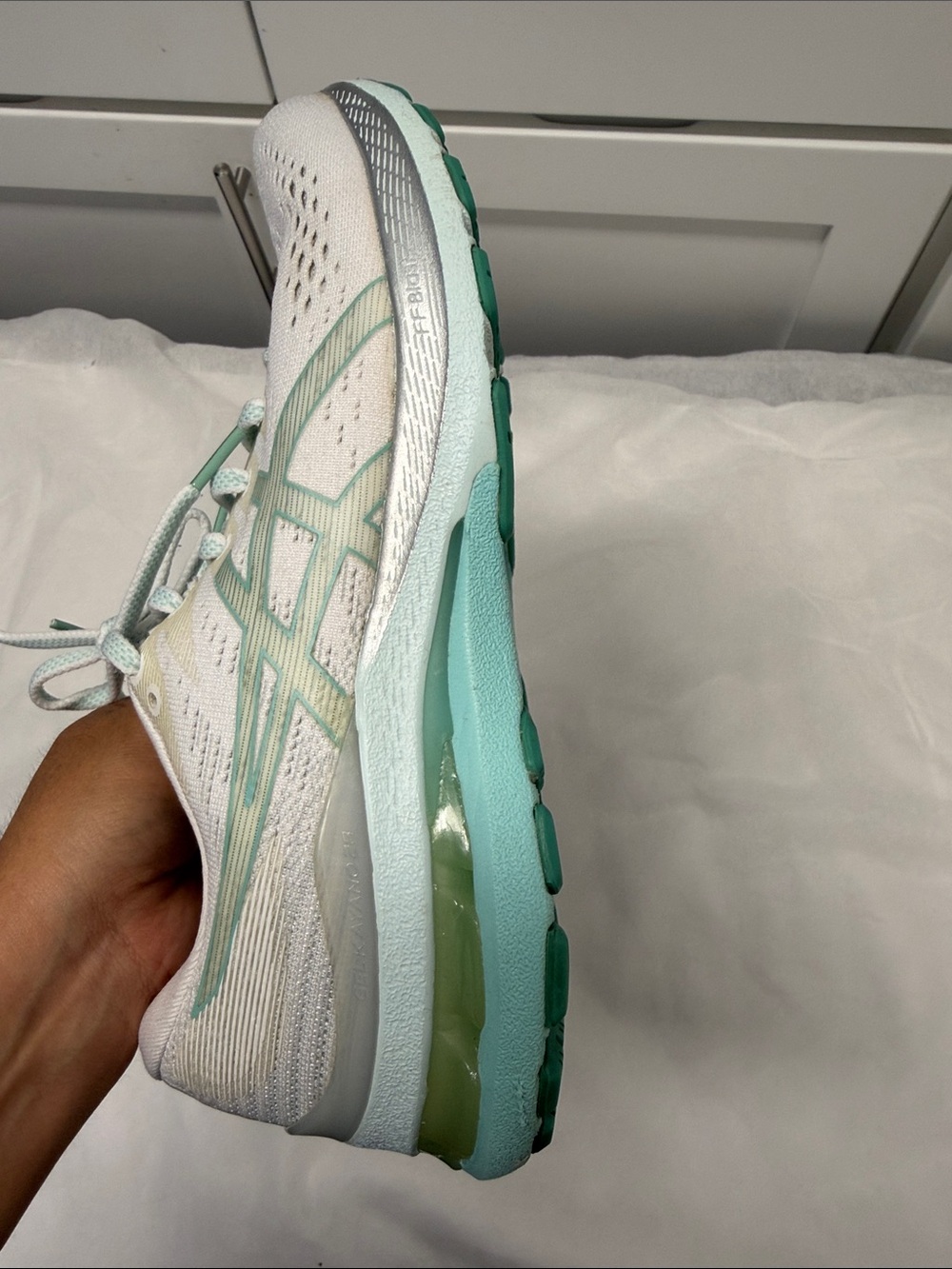 Asics White and Mint Green Women's Athletic Running Shoes - Picture 11 of 16
